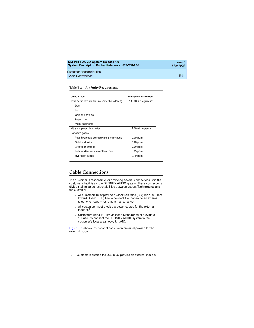 Lucent Technologies Release 4.0 manual Cable Connections, Table B-2. Air Purity Requirements 