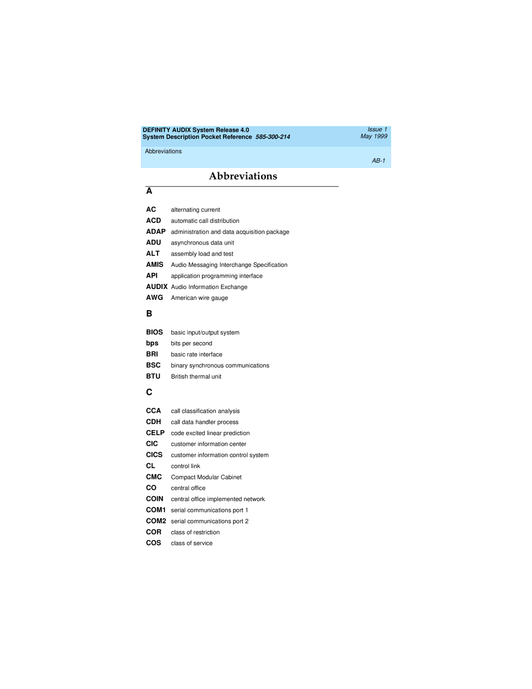 Lucent Technologies Release 4.0 manual Abbreviations, AB-1 