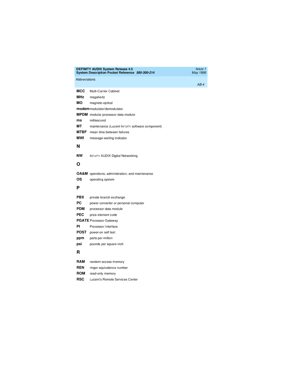 Lucent Technologies Release 4.0 manual MHz, AB-4 