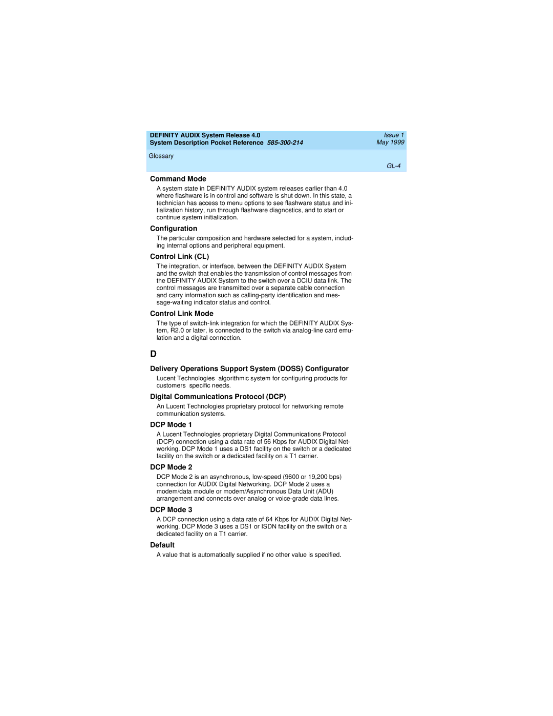 Lucent Technologies Release 4.0 manual Command Mode, Configuration, Control Link CL, Control Link Mode, DCP Mode, Default 