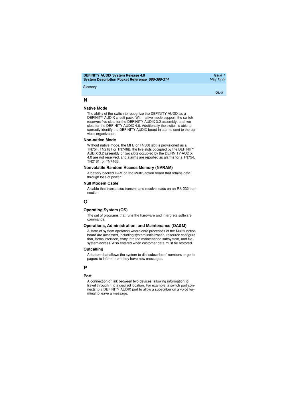 Lucent Technologies Release 4.0 Native Mode, Non-native Mode, Nonvolatile Random Access Memory Nvram, Null Modem Cable 