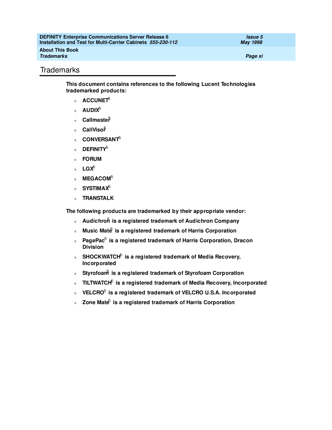 Lucent Technologies Release 6 manual Trademarks, Megacom Systimax Transtalk 