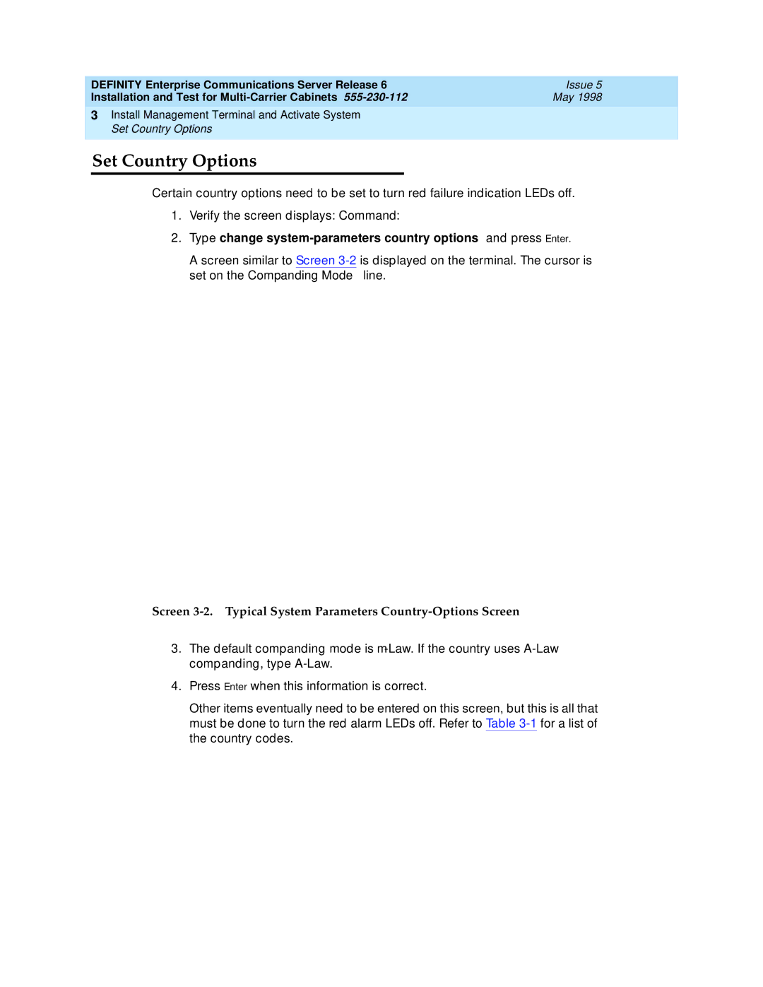 Lucent Technologies Release 6 manual Set Country Options, Screen 3-2. Typical System Parameters Country-Options Screen 