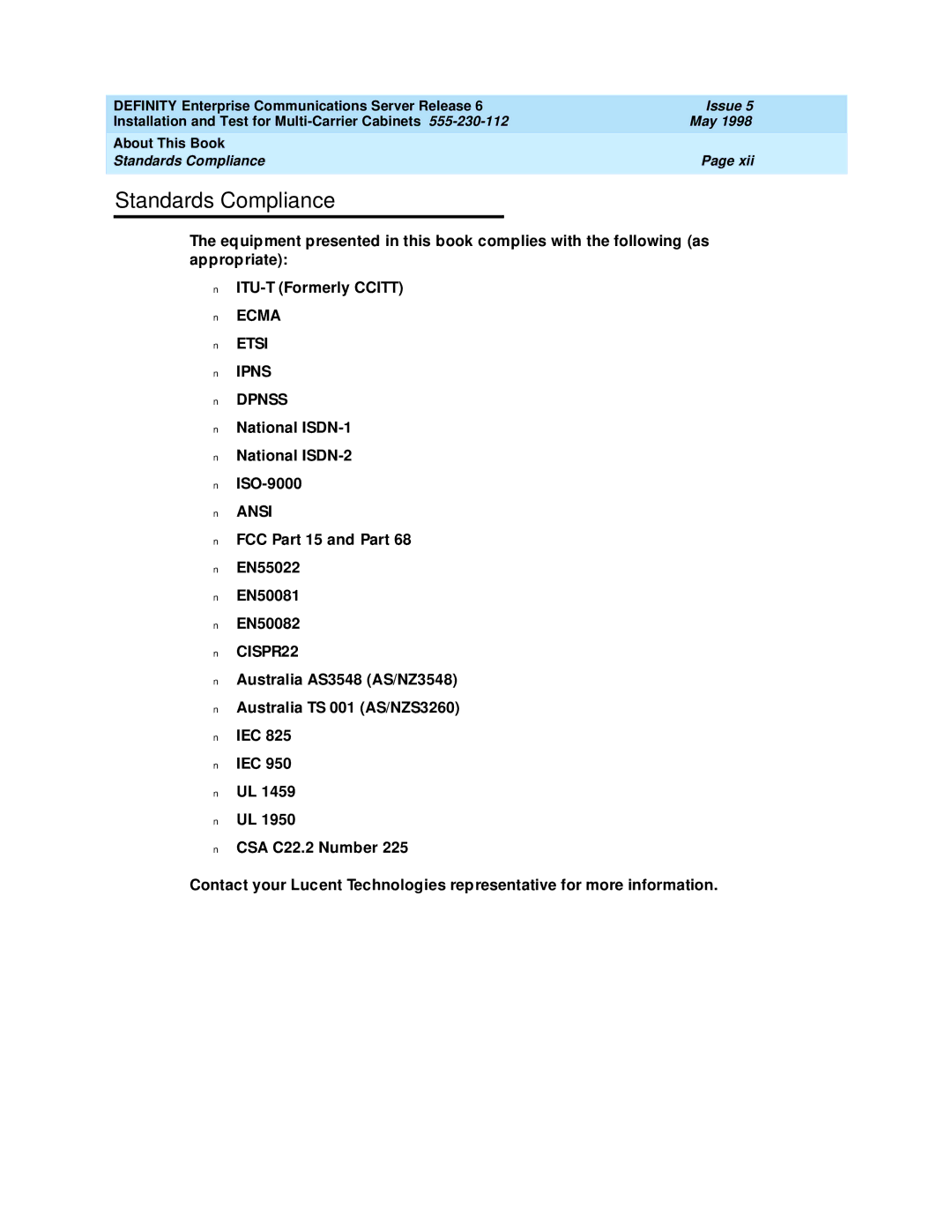 Lucent Technologies Release 6 manual Standards Compliance, CISPR22 