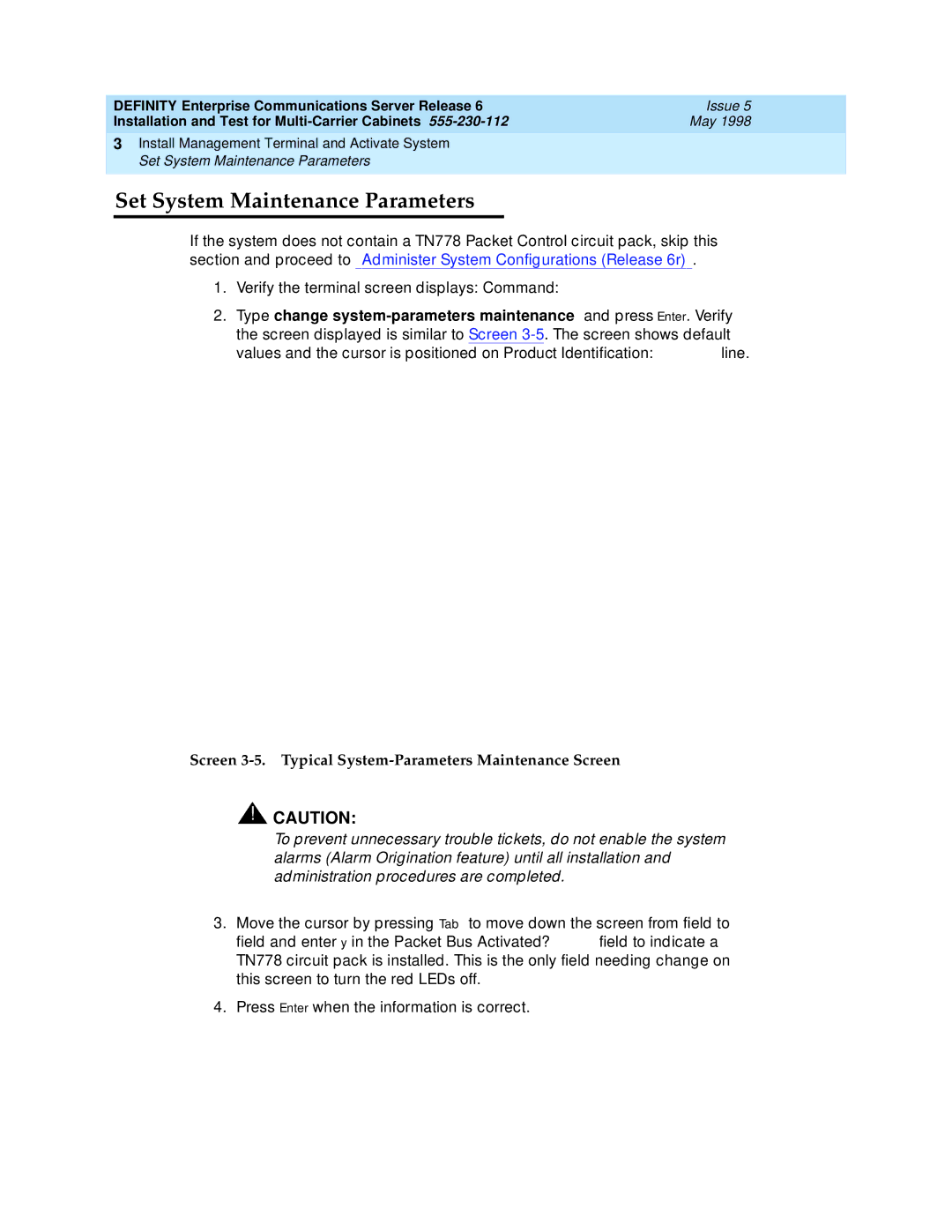 Lucent Technologies Release 6 Set System Maintenance Parameters, Screen 3-5. Typical System-Parameters Maintenance Screen 