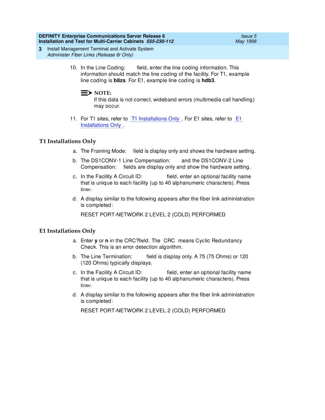 Lucent Technologies Release 6 manual T1 Installations Only, E1 Installations Only 