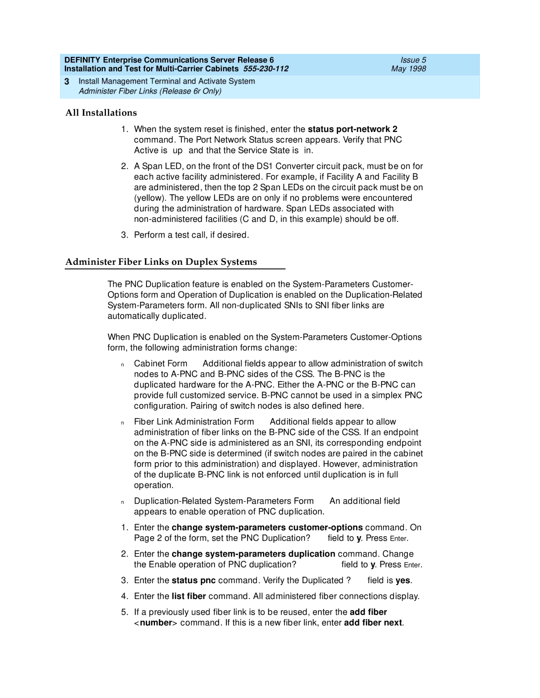 Lucent Technologies Release 6 manual All Installations, Administer Fiber Links on Duplex Systems 