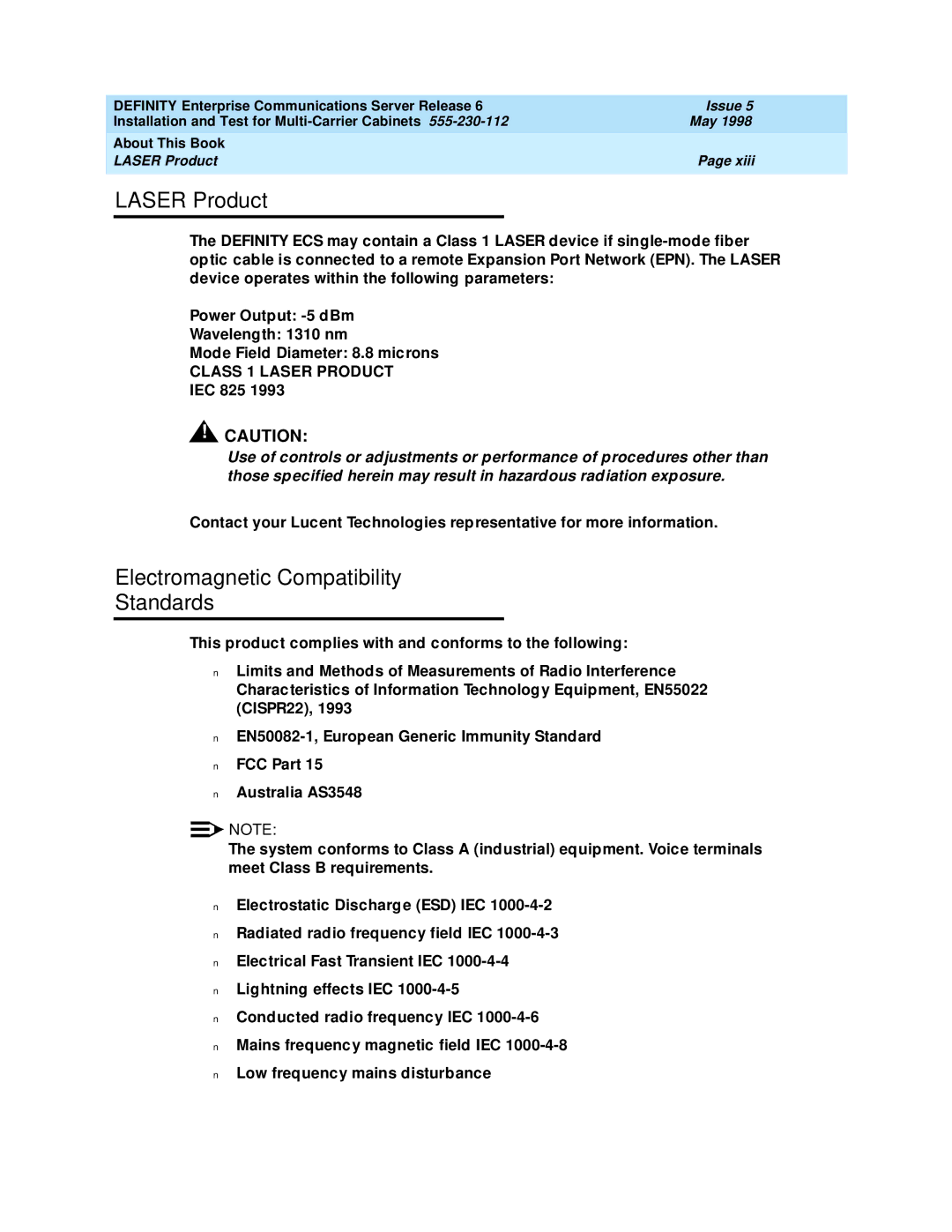 Lucent Technologies Release 6 manual Laser Product, Electromagnetic Compatibility Standards, IEC 825 