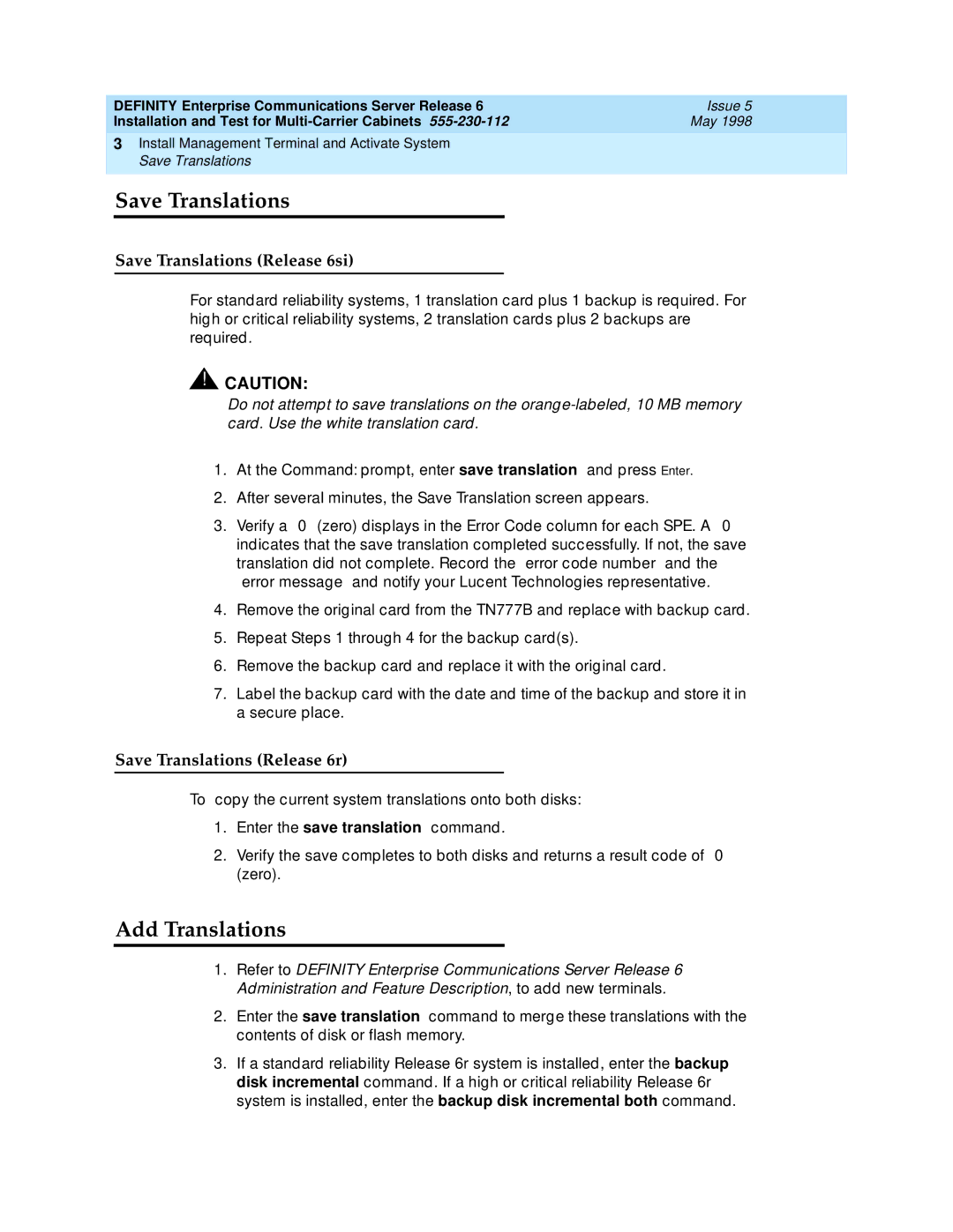 Lucent Technologies manual Add Translations, Save Translations Release 6si, Save Translations Release 6r 