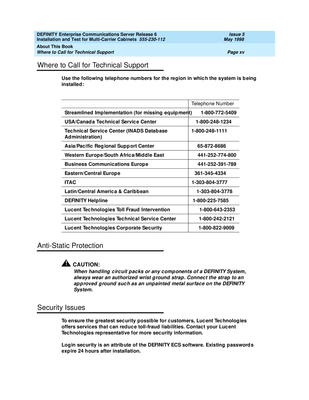 Lucent Technologies Release 6 manual Where to Call for Technical Support, Anti-Static Protection, Security Issues 