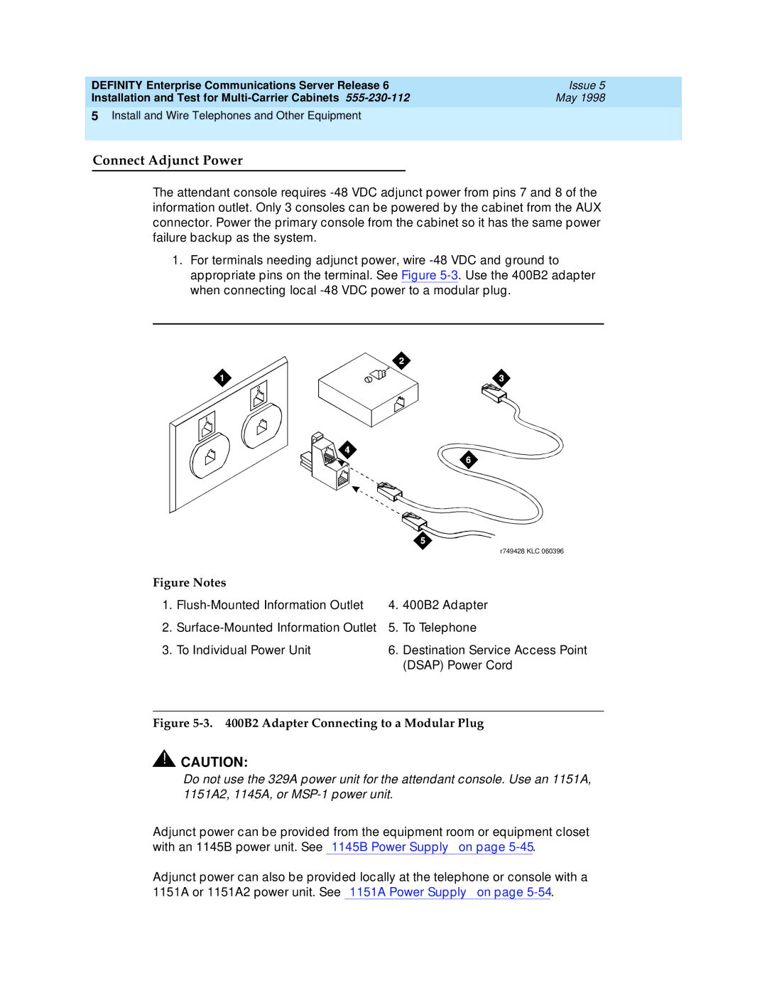 Lucent Technologies Release 6 manual Connect Adjunct Power, B2 Adapter Connecting to a Modular Plug 