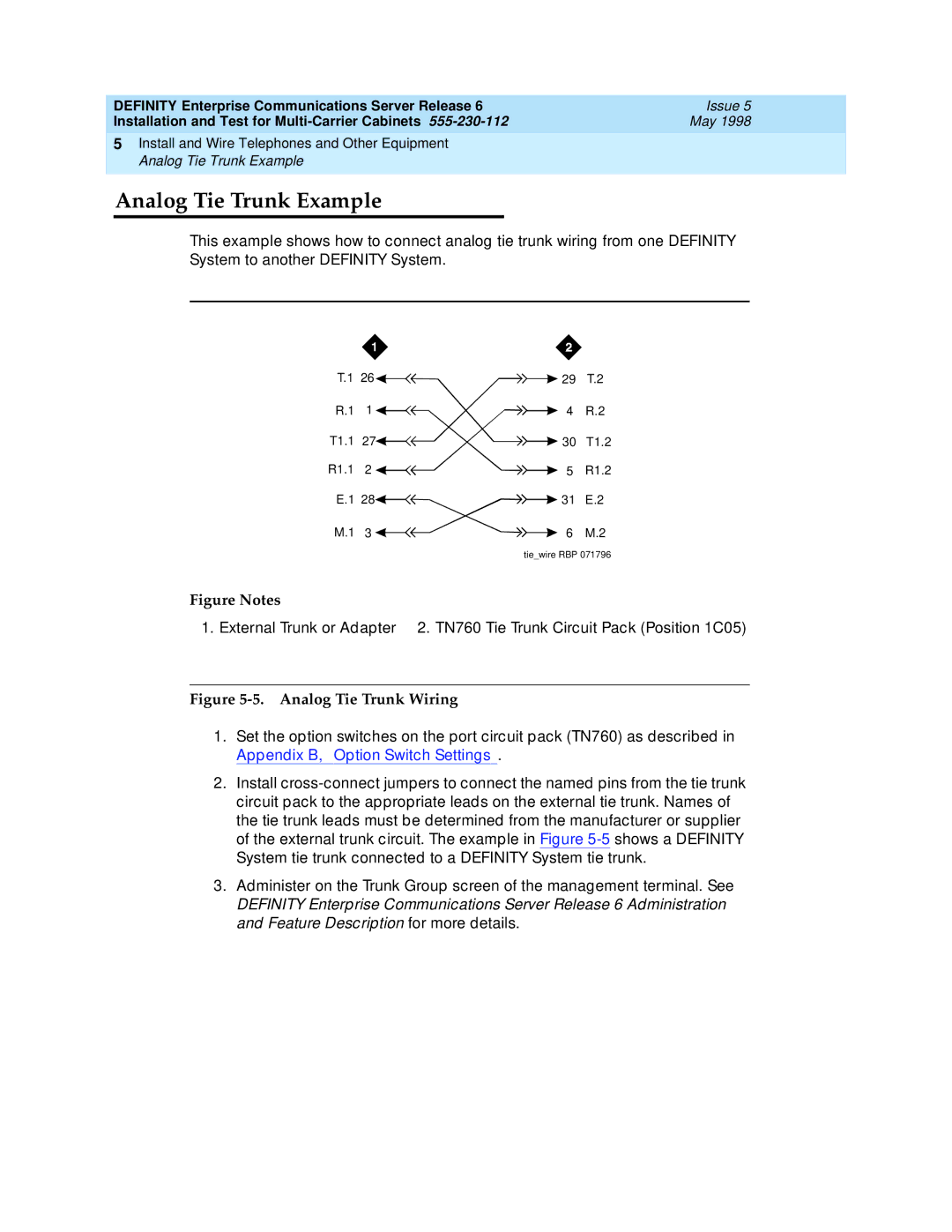 Lucent Technologies Release 6 manual Analog Tie Trunk Example, Analog Tie Trunk Wiring 