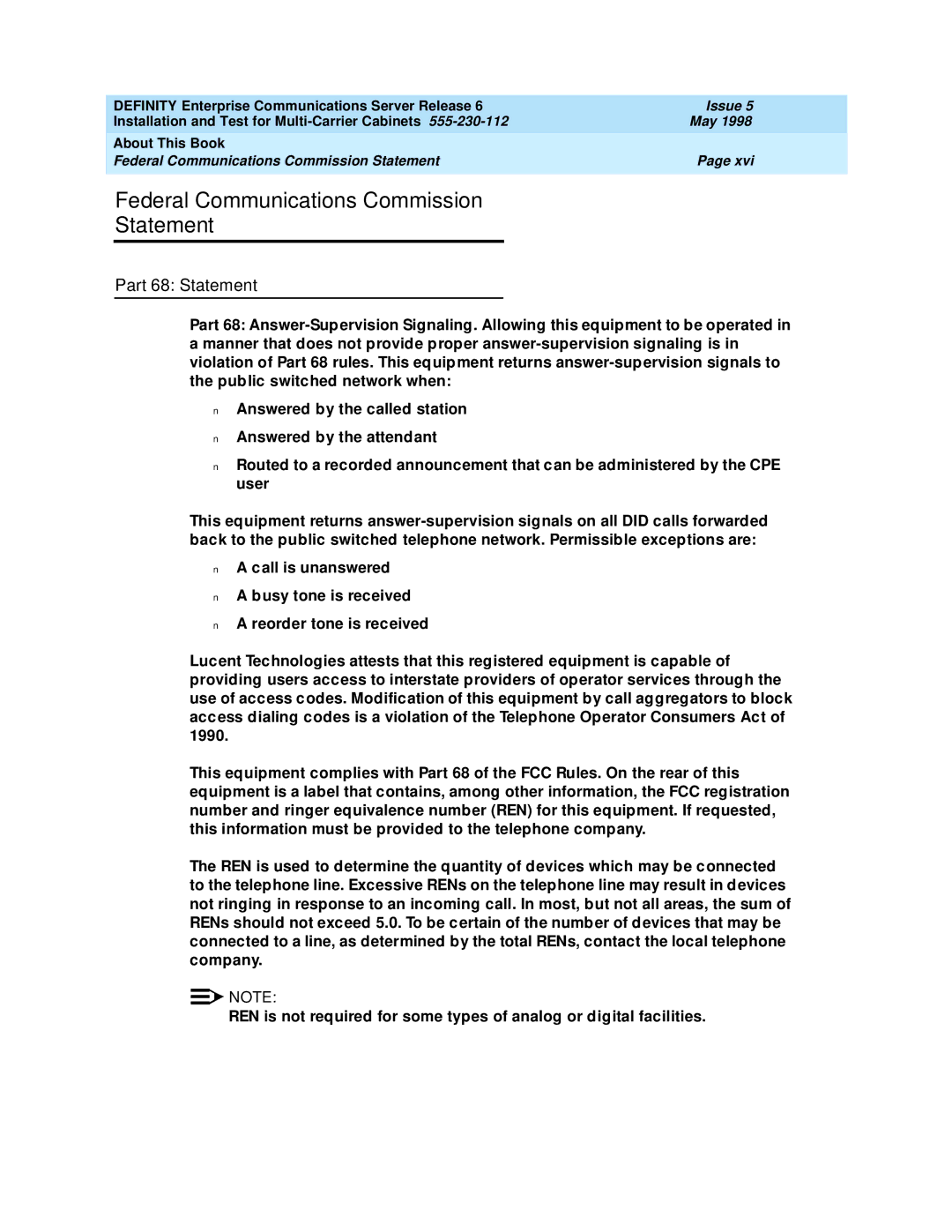 Lucent Technologies Release 6 manual Federal Communications Commission Statement, Part 68 Statement 