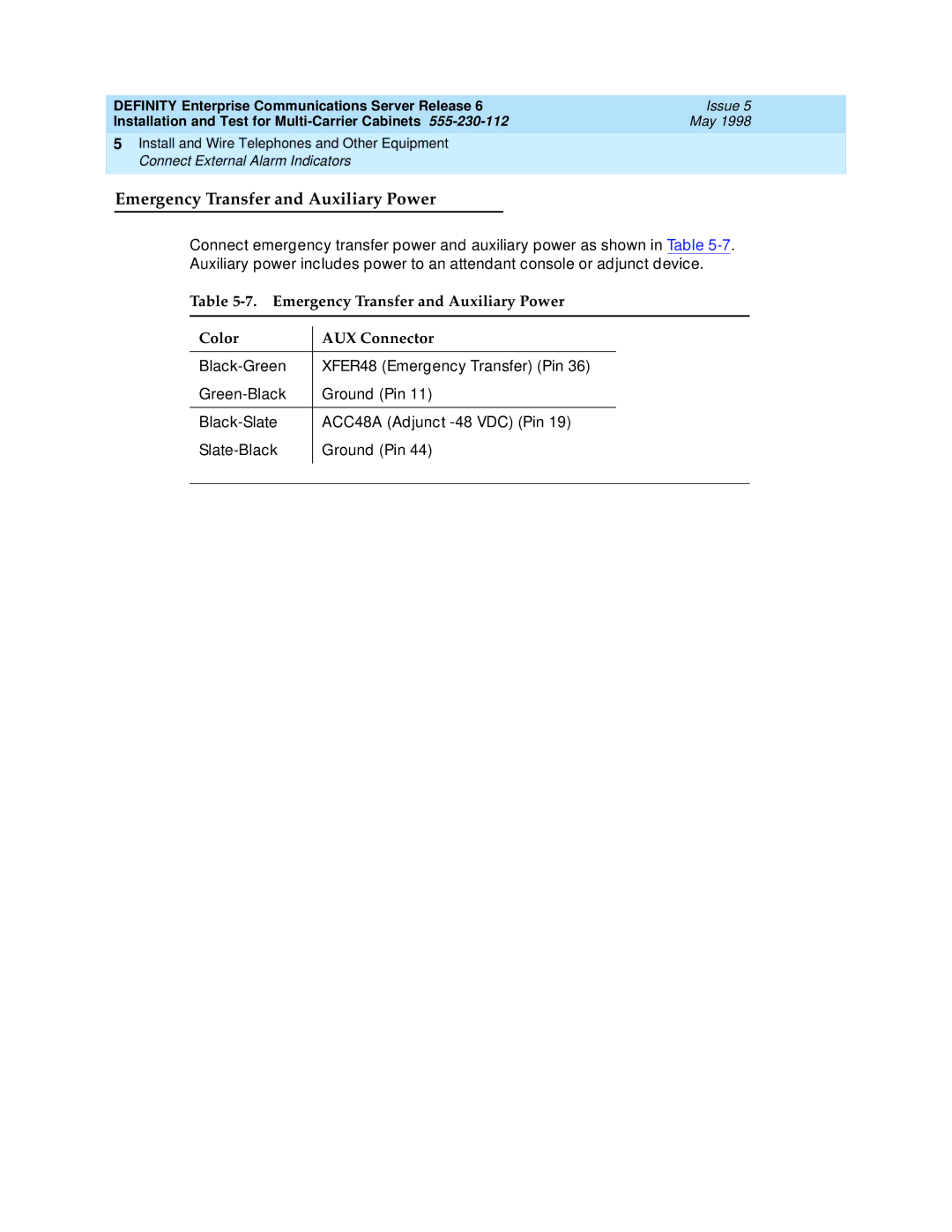 Lucent Technologies Release 6 manual Emergency Transfer and Auxiliary Power 