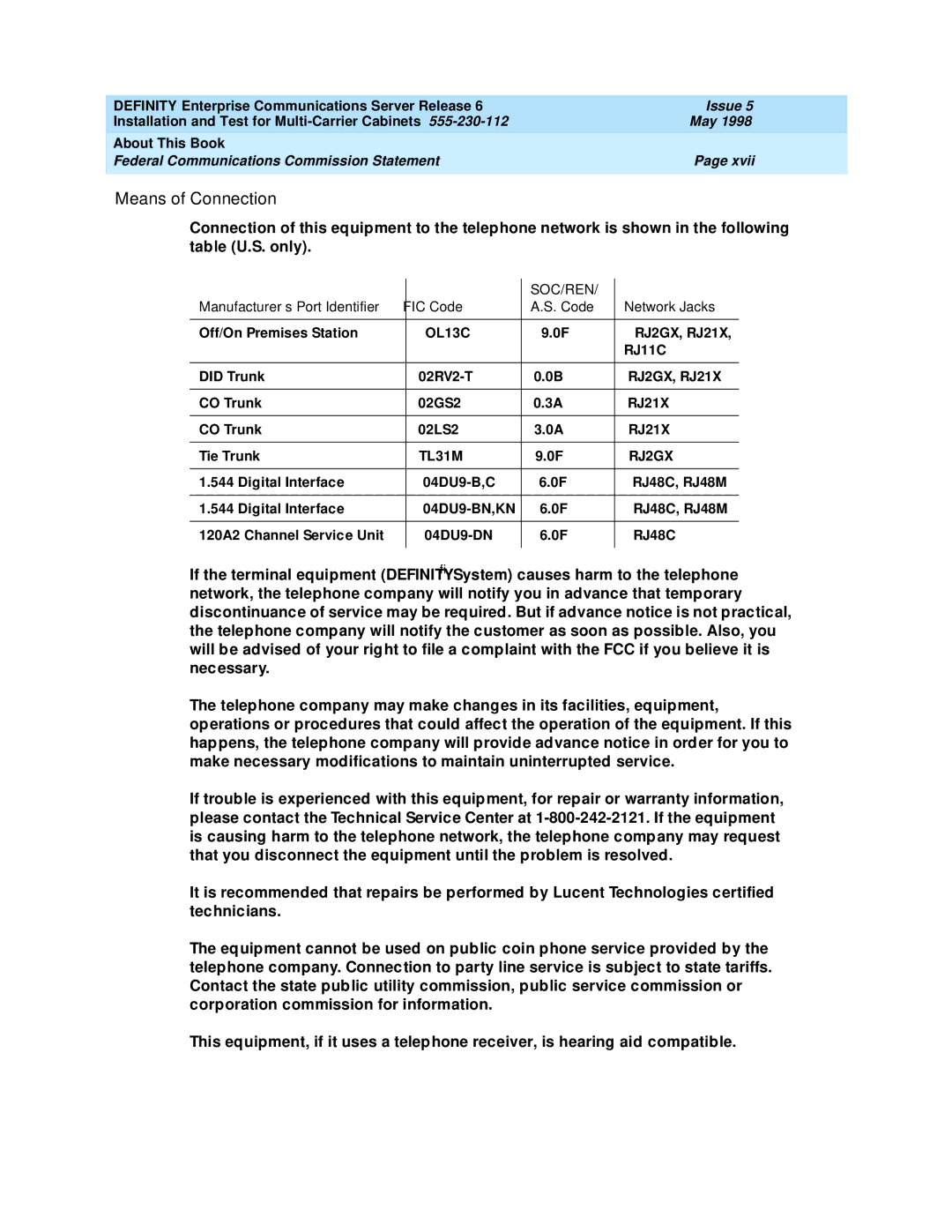 Lucent Technologies Release 6 manual Means of Connection, Soc/Ren, Manufacturer’s Port Identifier FIC Code Network Jacks 