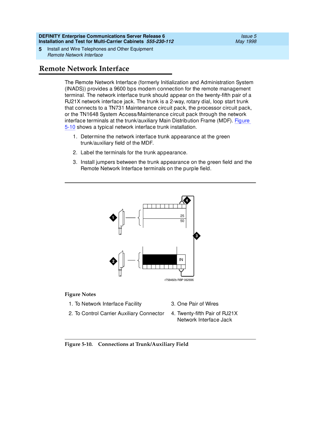 Lucent Technologies Release 6 manual Remote Network Interface, Connections at Trunk/Auxiliary Field 