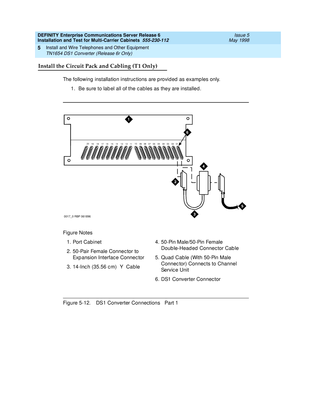 Lucent Technologies Release 6 manual Install the Circuit Pack and Cabling T1 Only, 12. DS1 Converter Connections Part 