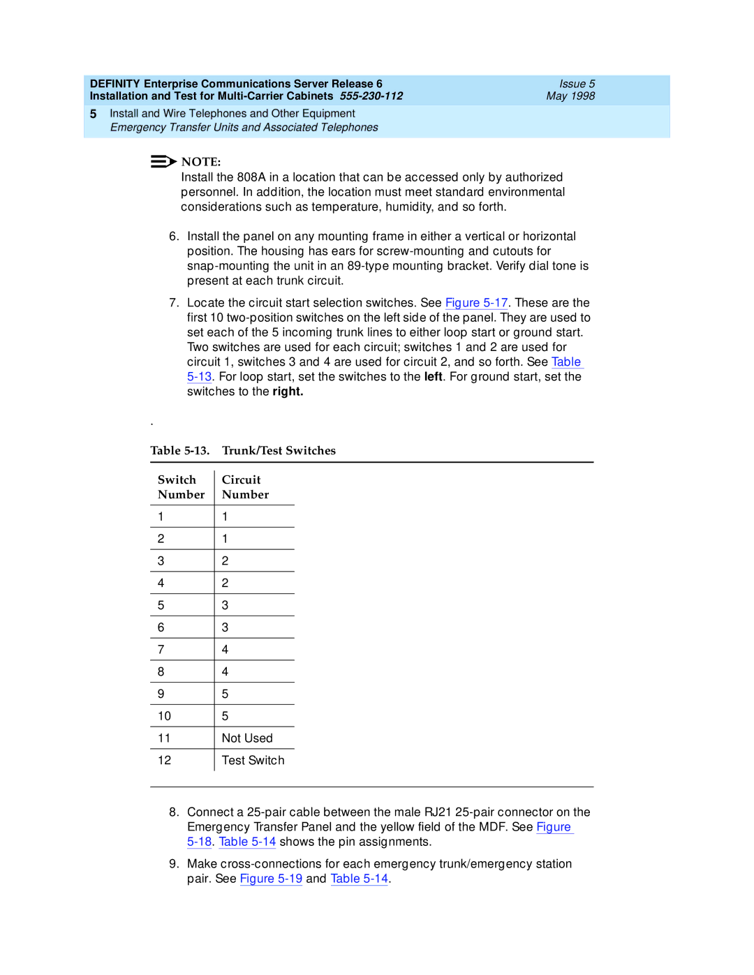 Lucent Technologies Release 6 manual Trunk/Test Switches, Switch Circuit Number 