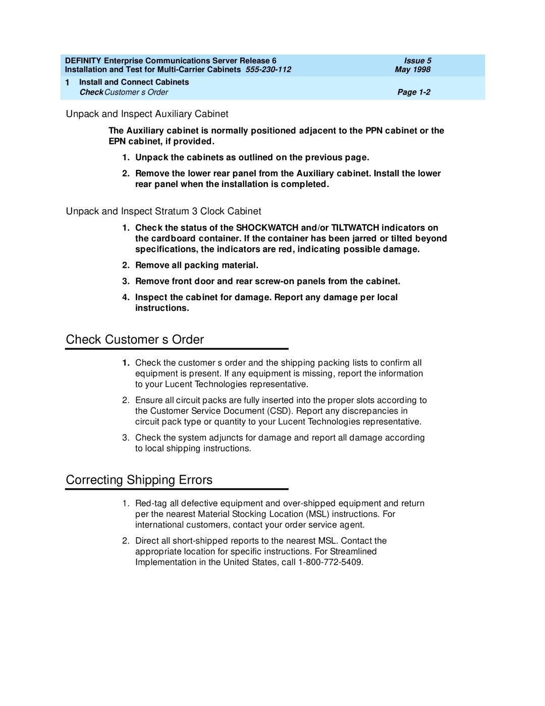 Lucent Technologies Release 6 Check Customer’s Order, Correcting Shipping Errors, Unpack and Inspect Auxiliary Cabinet 