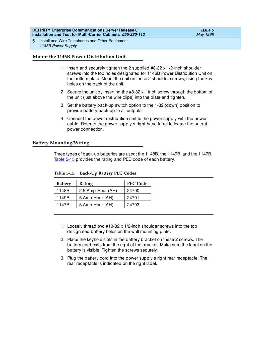 Lucent Technologies Release 6 manual Mount the 1146B Power Distribution Unit, Battery Mounting/Wiring 