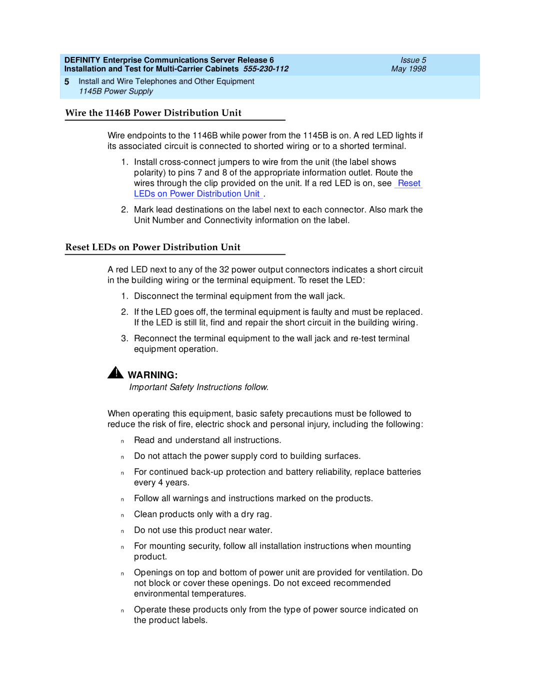 Lucent Technologies Release 6 manual Wire the 1146B Power Distribution Unit, Reset LEDs on Power Distribution Unit 