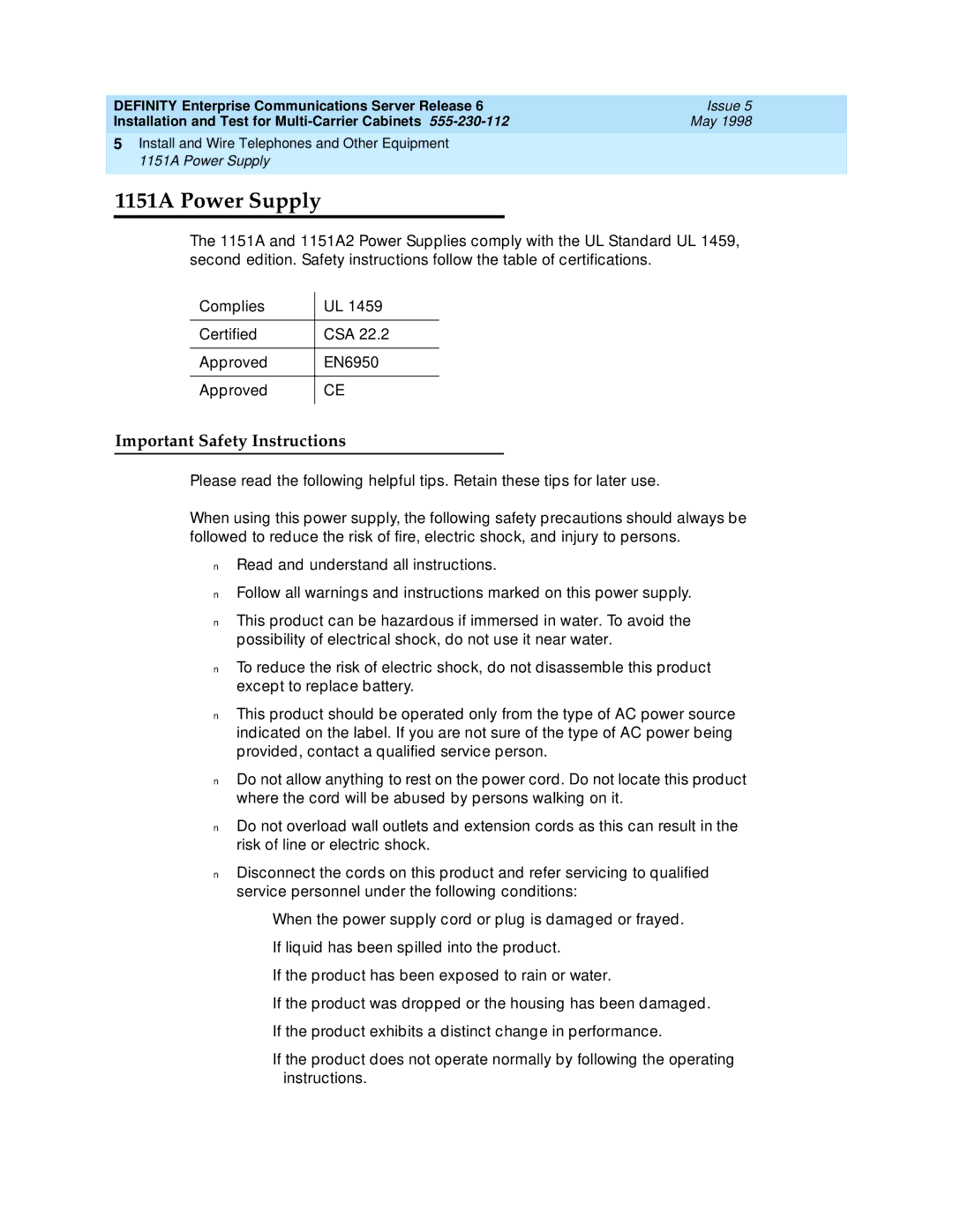 Lucent Technologies Release 6 manual 1151A Power Supply, Important Safety Instructions 