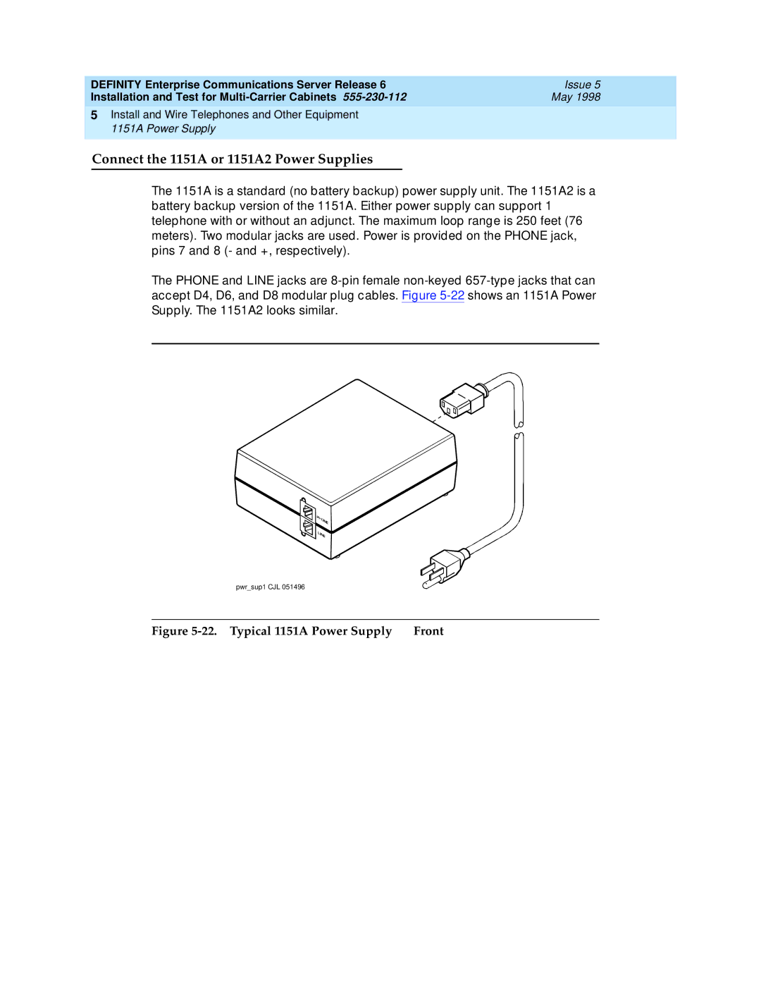 Lucent Technologies Release 6 manual Connect the 1151A or 1151A2 Power Supplies, Typical 1151A Power Supply Front 