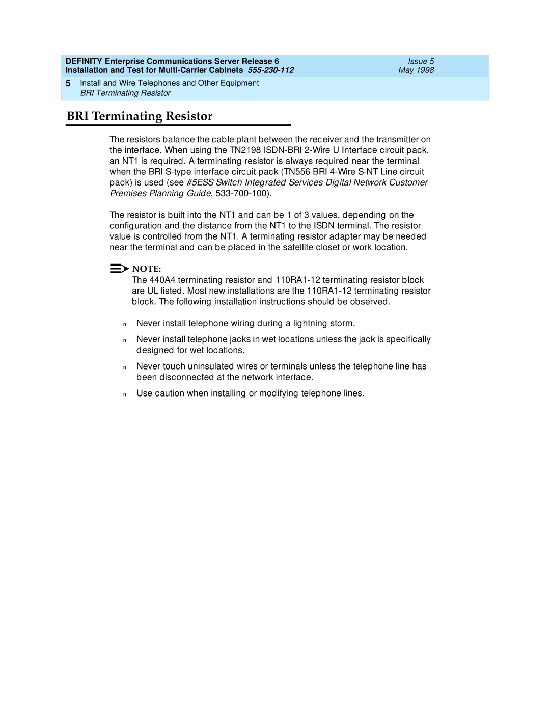 Lucent Technologies Release 6 manual BRI Terminating Resistor 