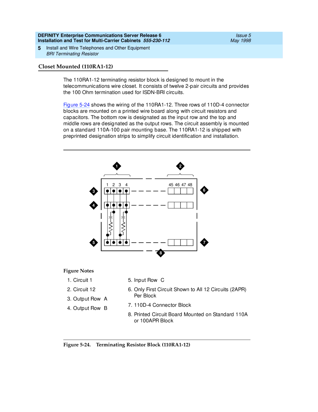 Lucent Technologies Release 6 manual Closet Mounted 110RA1-12, Terminating Resistor Block 110RA1-12 