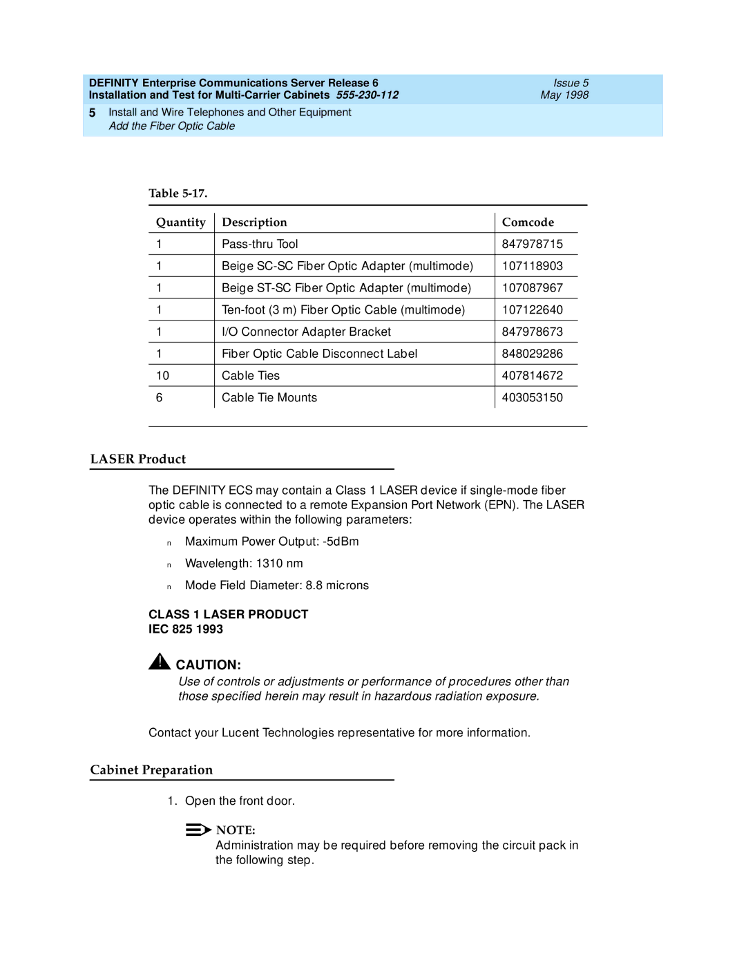 Lucent Technologies Release 6 manual Laser Product, Cabinet Preparation, Quantity Description Comcode 