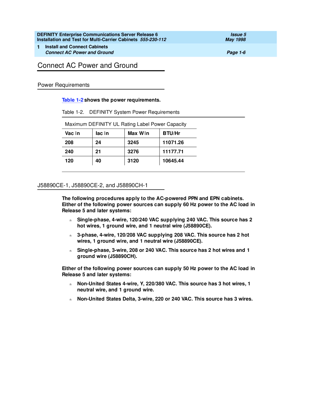 Lucent Technologies Release 6 Connect AC Power and Ground, Power Requirements, J58890CE-1, J58890CE-2, and J58890CH-1 