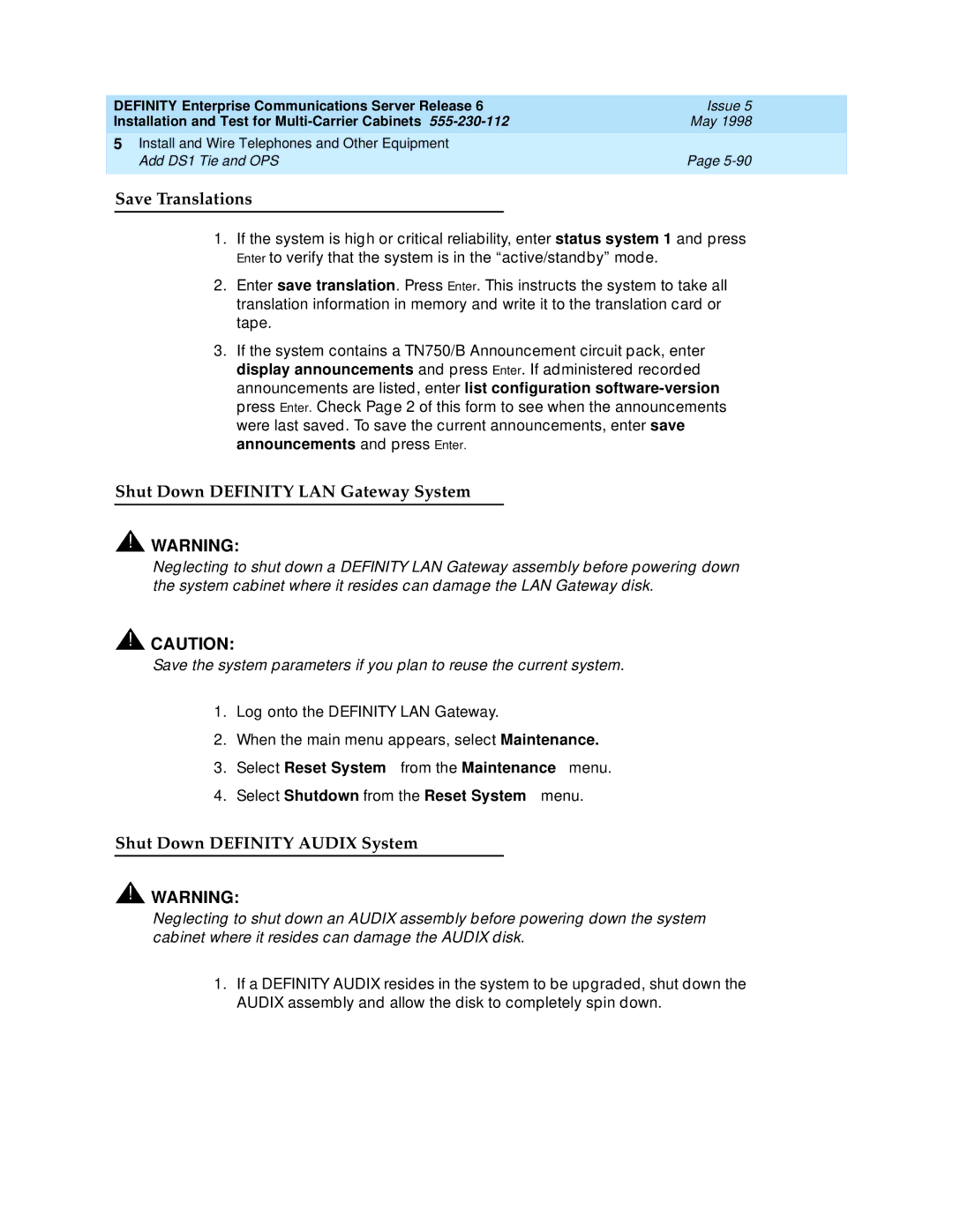 Lucent Technologies Release 6 manual Shut Down Definity LAN Gateway System, Shut Down Definity Audix System 