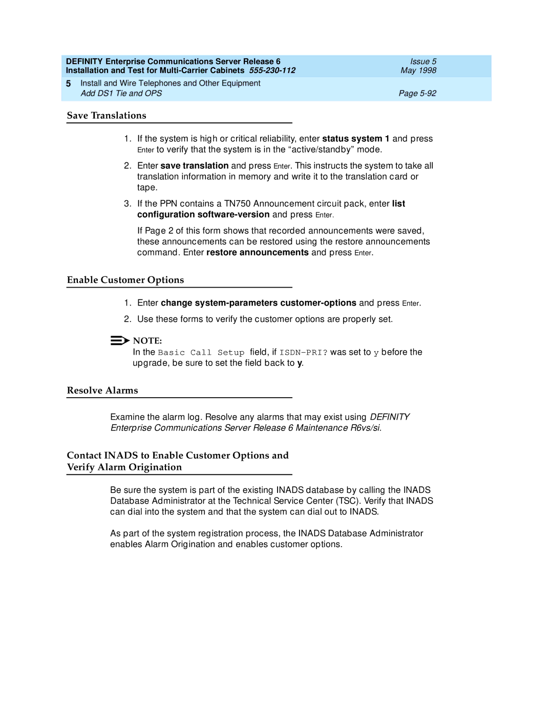 Lucent Technologies Release 6 manual Enable Customer Options, Resolve Alarms 