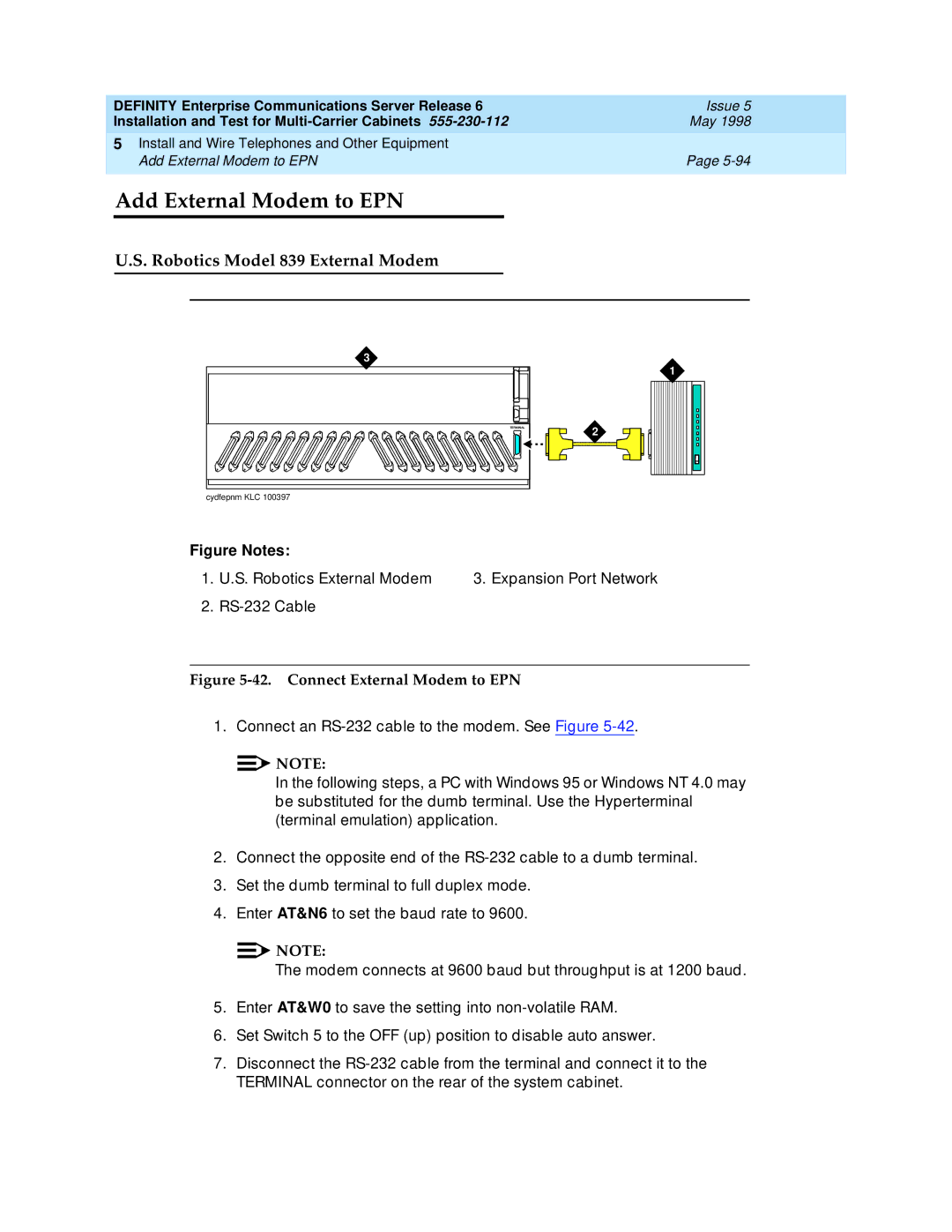 Lucent Technologies Release 6 manual Add External Modem to EPN, Robotics Model 839 External Modem 