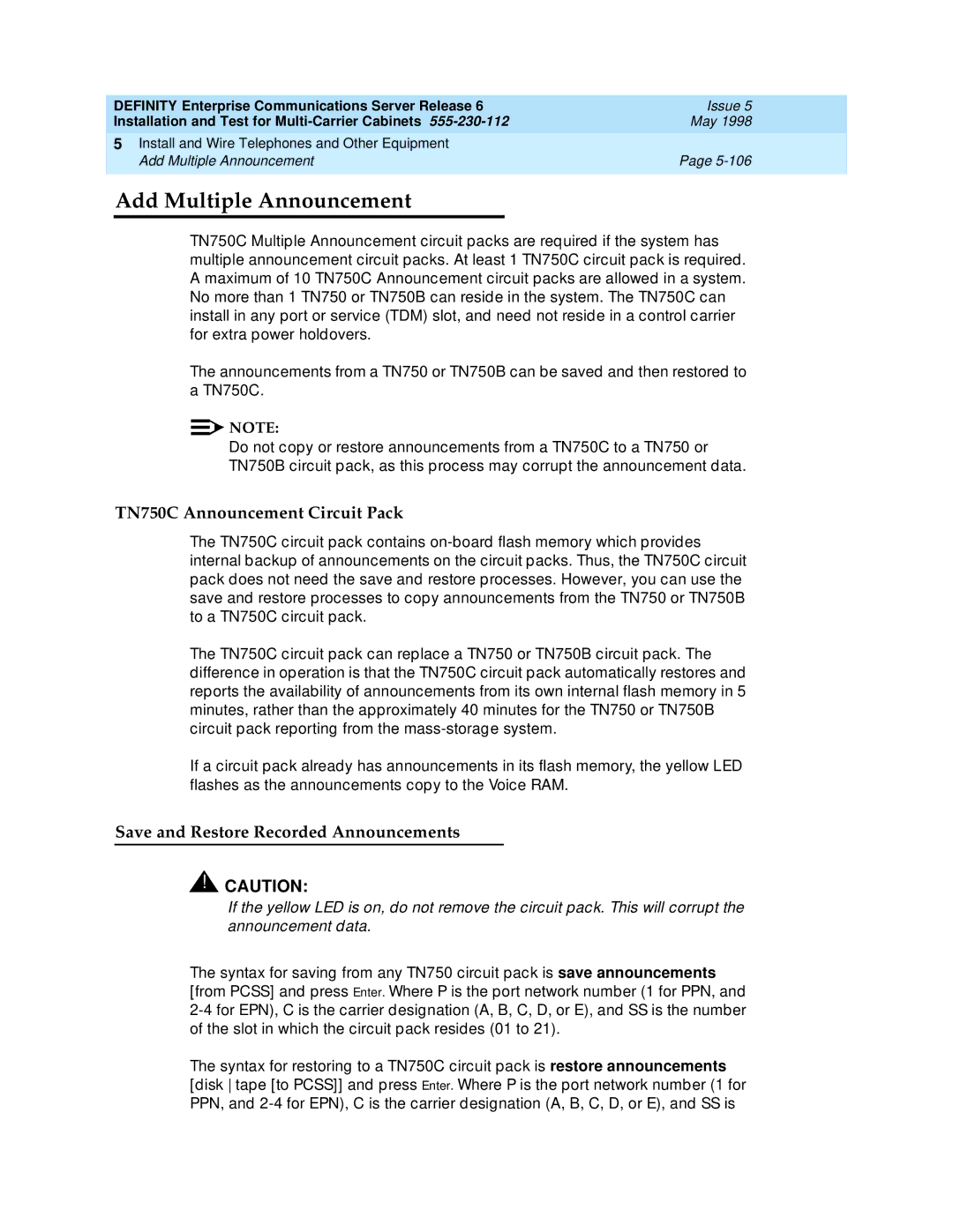 Lucent Technologies Release 6 manual Add Multiple Announcement, TN750C Announcement Circuit Pack 