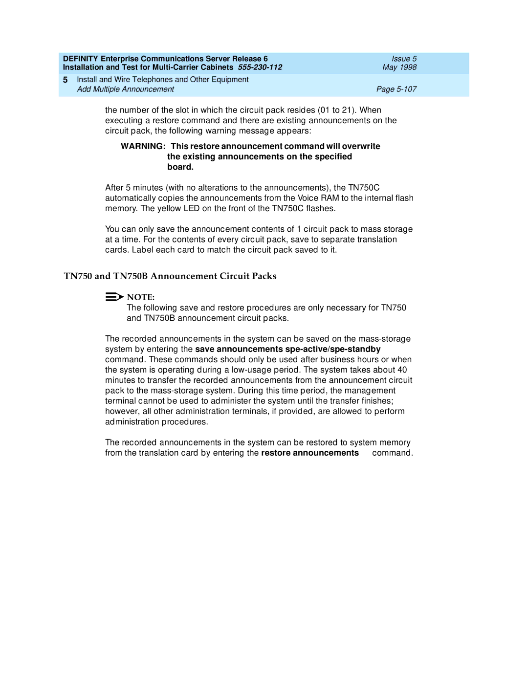 Lucent Technologies Release 6 manual TN750 and TN750B Announcement Circuit Packs 