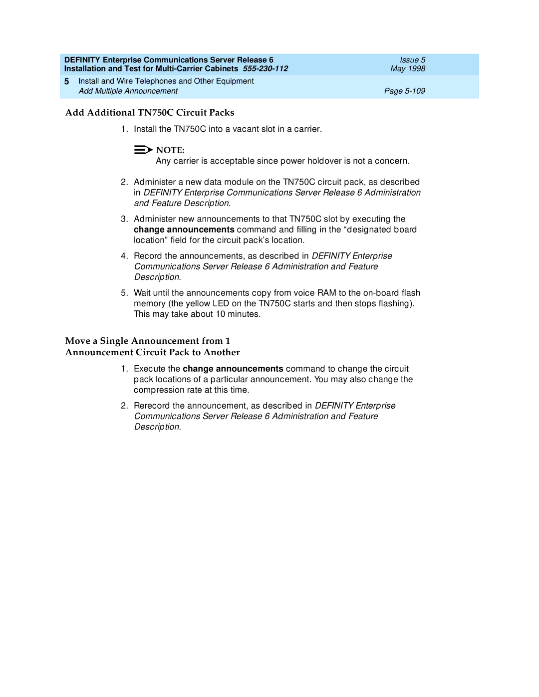 Lucent Technologies Release 6 manual Add Additional TN750C Circuit Packs 