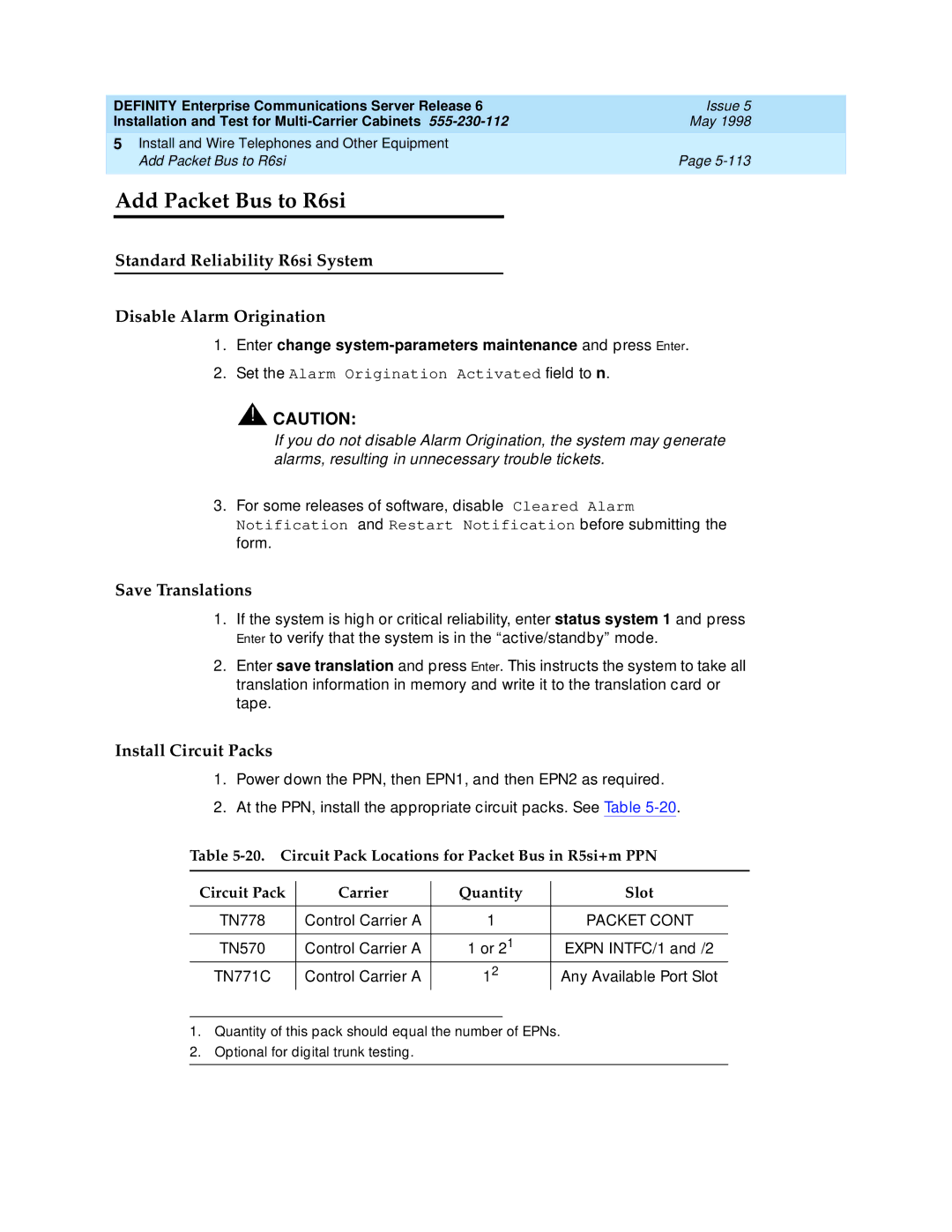 Lucent Technologies Release 6 manual Add Packet Bus to R6si, Standard Reliability R6si System Disable Alarm Origination 