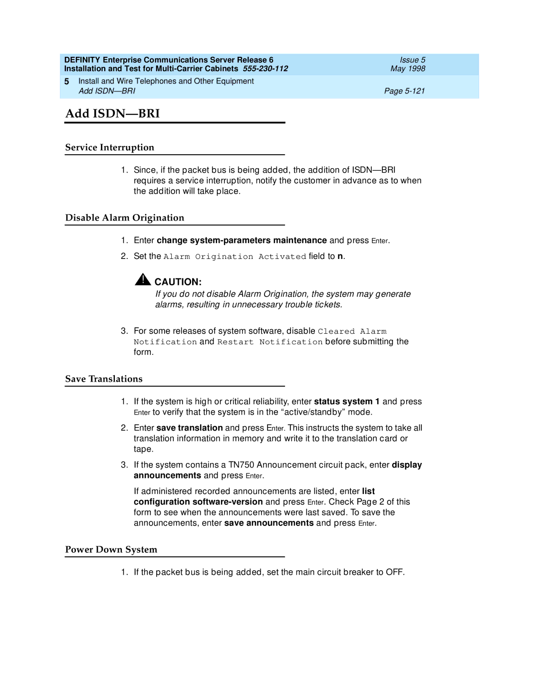 Lucent Technologies Release 6 manual Add ISDN-BRI, Service Interruption 