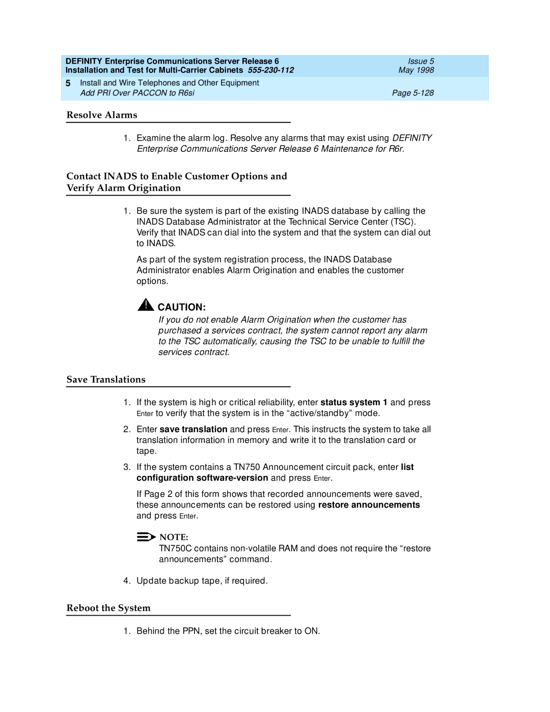 Lucent Technologies Release 6 manual Reboot the System, Behind the PPN, set the circuit breaker to on 