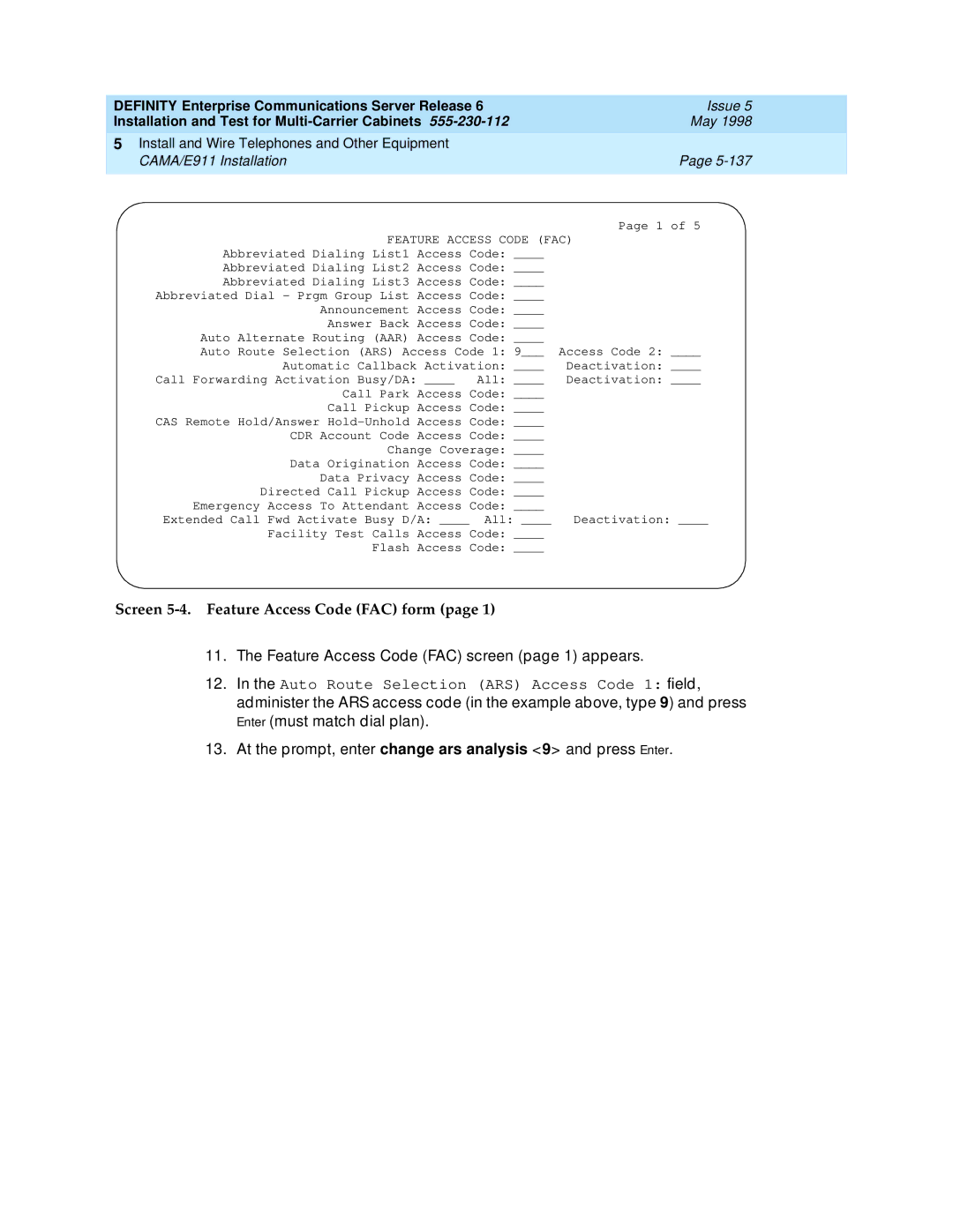 Lucent Technologies Release 6 manual Screen 5-4. Feature Access Code FAC form 