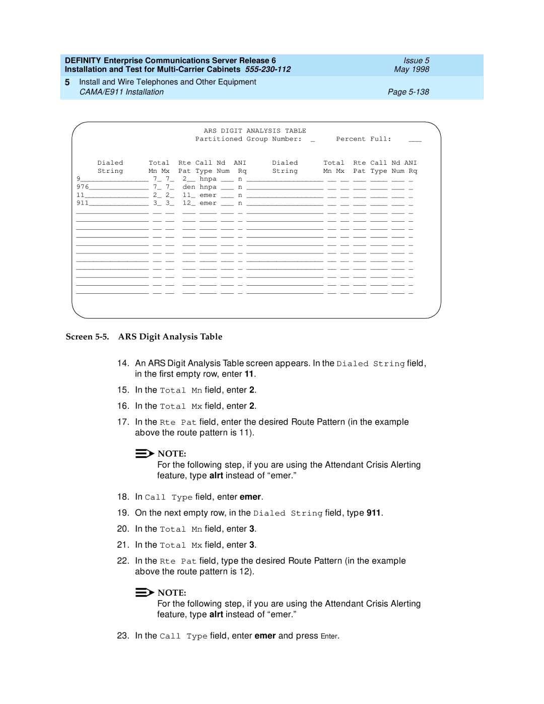 Lucent Technologies Release 6 manual Screen 5-5. ARS Digit Analysis Table 