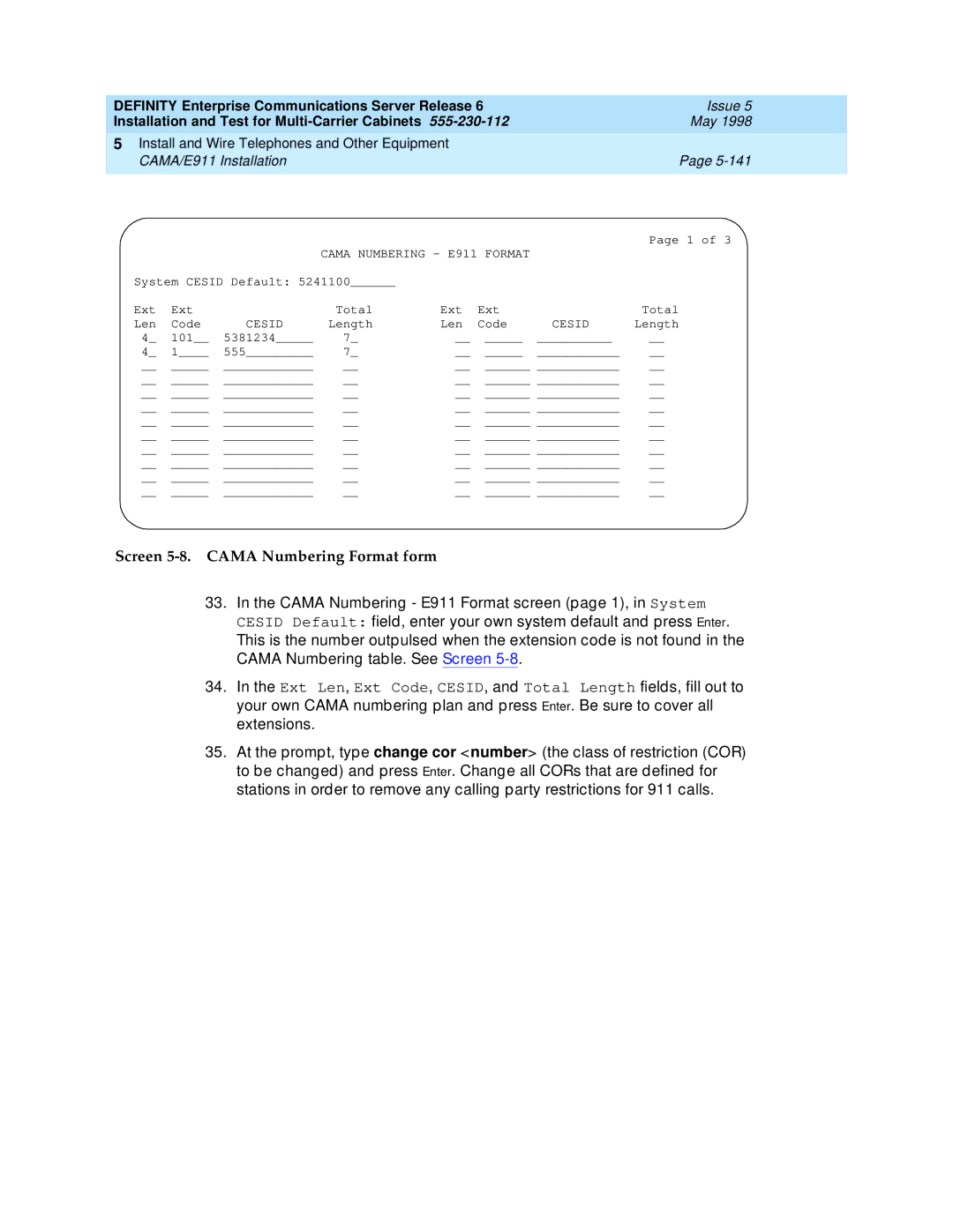 Lucent Technologies Release 6 manual Screen 5-8. Cama Numbering Format form 