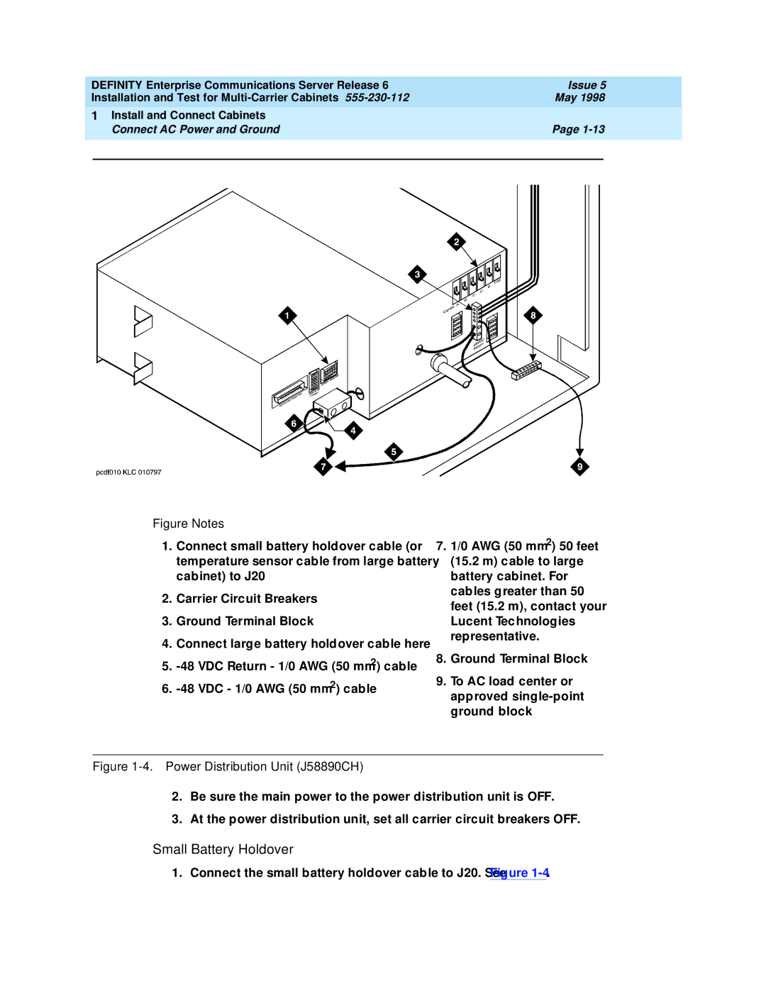 Lucent Technologies Release 6 manual Small Battery Holdover, Power Distribution Unit J58890CH 