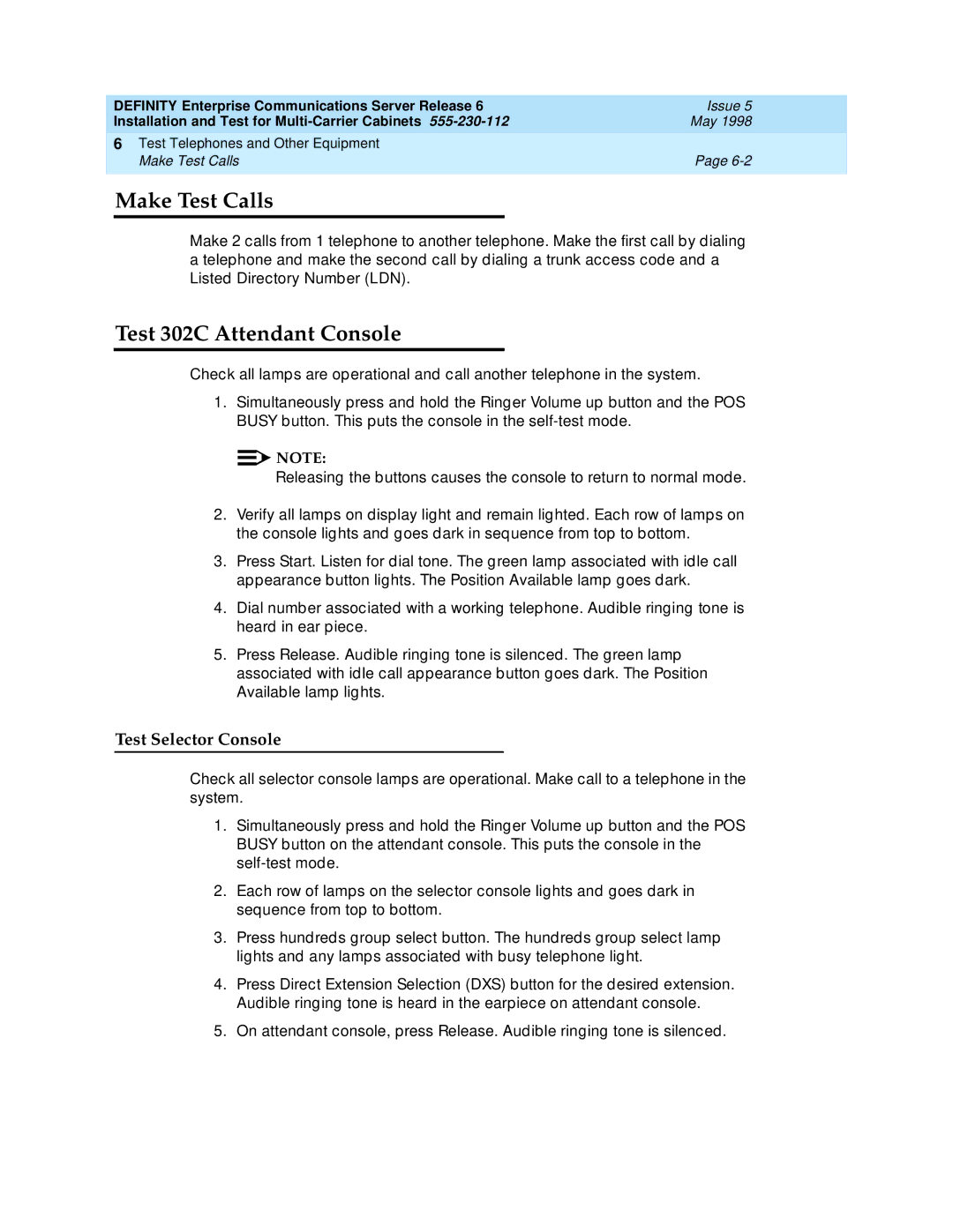 Lucent Technologies Release 6 manual Make Test Calls, Test 302C Attendant Console, Test Selector Console 