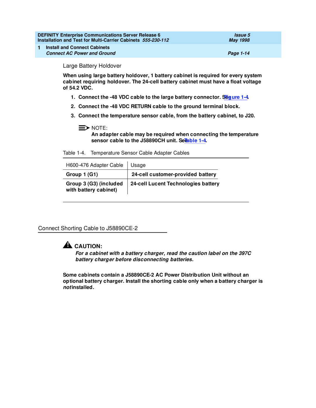 Lucent Technologies Release 6 manual Large Battery Holdover, Connect Shorting Cable to J58890CE-2 