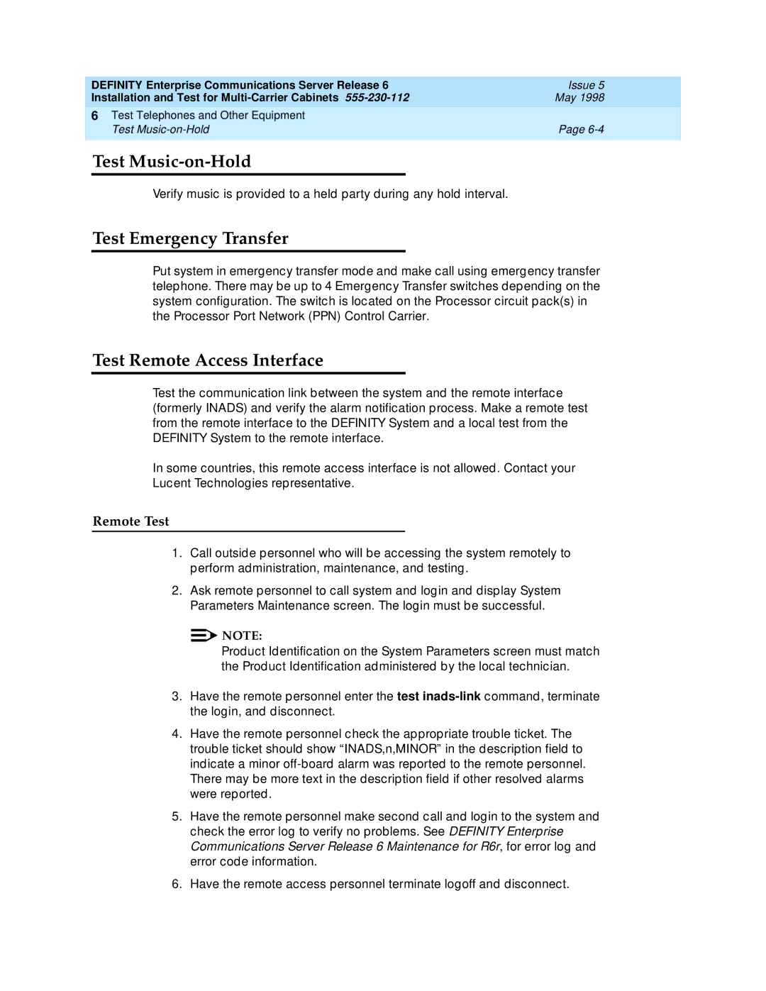 Lucent Technologies Release 6 manual Test Music-on-Hold, Test Emergency Transfer, Test Remote Access Interface, Remote Test 