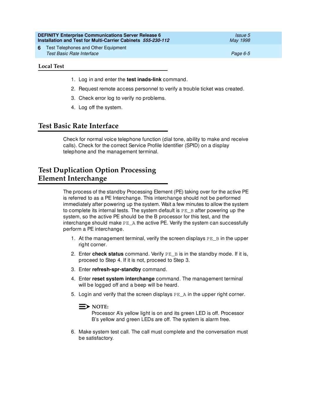 Lucent Technologies Release 6 manual Test Basic Rate Interface, Test Duplication Option Processing Element Interchange 