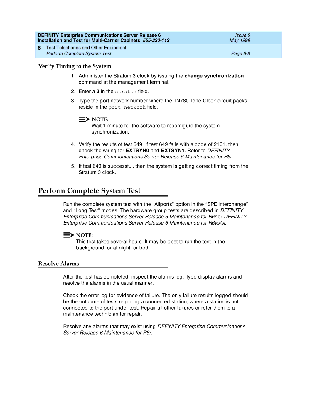 Lucent Technologies Release 6 manual Perform Complete System Test, Verify Timing to the System 