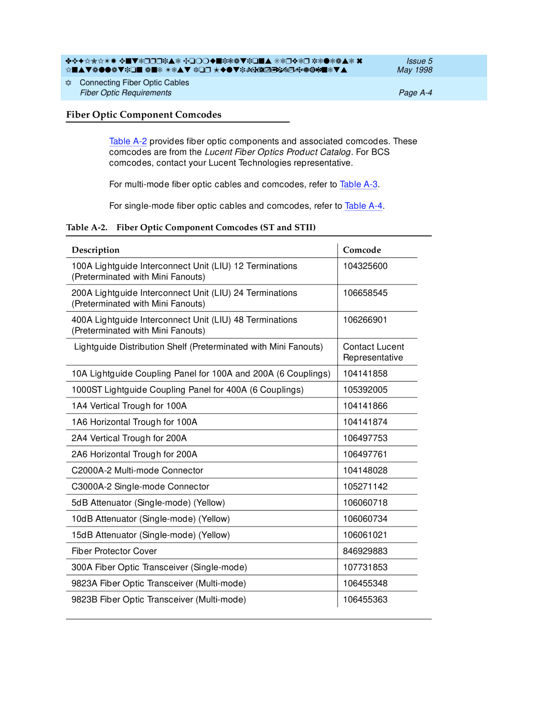 Lucent Technologies Release 6 manual Fiber Optic Component Comcodes 